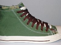 Olive, Brown and Camouflage Double Upper High Top Chucks  Outside view of a right olive, brown, and camouflage double upper high top.