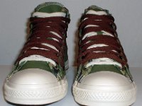 Olive, Brown and Camouflage Double Upper High Top Chucks  Front view of olive, brown, and camouflage double upper high tops.
