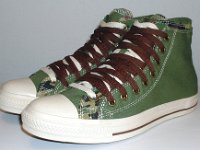 Olive, Brown and Camouflage Double Upper High Top Chucks  Angled side view of olive, brown, and camouflage double upper high tops.