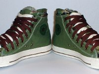 Olive, Brown and Camouflage Double Upper High Top Chucks  Angled front views of olive, brown, and camouflage double upper high tops.