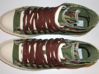 Olive, Brown and Camouflage Double Upper High Top Chucks  Top view of olive, brown, and camouflage double upper high tops.