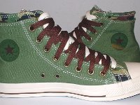 Olive, Brown and Camouflage Double Upper High Top Chucks  Inside patch views of olive, brown, and camouflage double upper high tops.