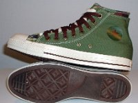 Olive, Brown and Camouflage Double Upper High Top Chucks  Inside patch and sole views of olive, brown, and camouflage double upper high tops.