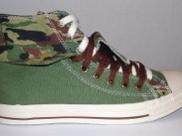 Olive, Brown and Camouflage Double Upper High Top Chucks  Outside view of a right olive, brown, and camouflage double upper high top, with the outer upper rolled down.