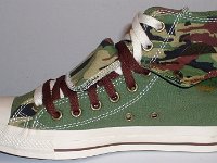 Olive, Brown and Camouflage Double Upper High Top Chucks  Inside patch view of a right olive, brown, and camouflage double upper high top, with the outer upper rolled down.
