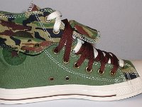 Olive, Brown and Camouflage Double Upper High Top Chucks  Inside patch view of a left olive, brown, and camouflage double upper high top, with the outer upper rolled down.