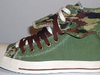 Olive, Brown and Camouflage Double Upper High Top Chucks  Outside view of a left olive, brown, and camouflage double upper high top, with the outer upper rolled down.