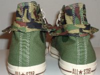 Olive, Brown and Camouflage Double Upper High Top Chucks  Rear view of olive, brown, and camouflage double upper high tops, with the outer upper rolled down.