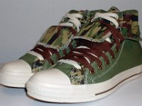 Olive, Brown and Camouflage Double Upper High Top Chucks  Angled side view of olive, brown, and camouflage double upper high tops, with the outer upper rolled down.