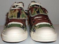 Olive, Brown and Camouflage Double Upper High Top Chucks  Front view of olive, brown, and camouflage double upper high tops, with the outer upper rolled down.