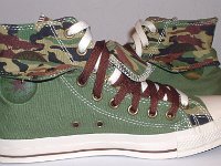 Olive, Brown and Camouflage Double Upper High Top Chucks  Inside patch views of olive, brown, and camouflage double upper high tops, with the outer uppers rolled down.