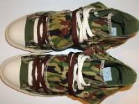 Olive, Brown and Camouflage Double Upper High Top Chucks  Top view of olive, brown, and camouflage double upper high tops, with the outer upper rolled down.