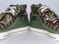 Olive, Brown and Camouflage Double Upper High Top Chucks  Angled front views of olive, brown, and camouflage double upper high tops, with the outer uppers rolled down.