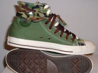 Olive, Brown and Camouflage Double Upper High Top Chucks  Inside patch and sole views of olive, brown, and camouflage double upper high tops, with the outer uppers rolled down.