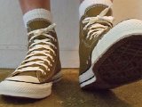 olivehi12  Wearing olive green high top chucks, front view 2.