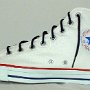 Optical White High Top Chucks  Inside patch view of a right optical white high top with narrow navy blue laces.