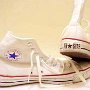 Optical White High Top Chucks  Made in USA optical white high tops, inside patch and rear views.