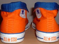 Orange and Royal Foldover High Top Chucks  Rear view of orange and royal blue high tops rolled down to the seventh eyelet.