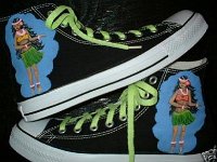 Hand Painted or Tie-Dyed High Top Chucks  Hula dancers painted on black high tops, shot 2.