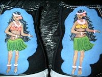 Hand Painted or Tie-Dyed High Top Chucks  Hula dancers painted on black high tops, shot 3.