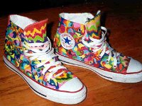 Hand Painted or Tie-Dyed High Top Chucks  Custom painted white high tops, angled side and top views.