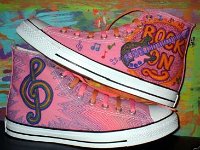 Hand Painted or Tie-Dyed High Top Chucks  Music themed painted chucks, shot 1.