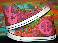 Hand Painted or Tie-Dyed High Top Chucks  Peace sign painted chucks, shot 1.
