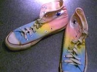 Hand Painted or Tie-Dyed High Top Chucks  Pastel rainbow pattern high tops, top view.