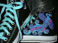 Hand Painted or Tie-Dyed High Top Chucks  Phoenix on black high tops, view 2.