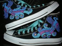Hand Painted or Tie-Dyed High Top Chucks  Phoenix on black high tops, view 3.