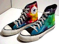 Hand Painted or Tie-Dyed High Top Chucks  Tie dyed black high tops, angled side views.