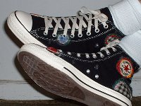 Patchwork High Top and Low Cut Chucks  Wearing black patches high tops, side and sole views.