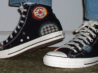Patchwork High Top and Low Cut Chucks  Wearing black patches high tops, side and angled front views.
