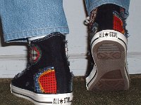 Patchwork High Top and Low Cut Chucks  Wearing black patches high tops, rear view.