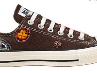Patchwork High Top and Low Cut Chucks  Side view of a chocolate brown low cut.