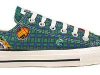 Patchwork High Top and Low Cut Chucks  Side view of a right green plaid low cut.