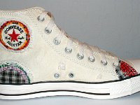 Patchwork High Top and Low Cut Chucks  Inside patch view of a left natural white high top.