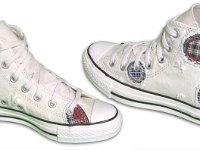 Patchwork High Top and Low Cut Chucks  Angled side views of a pair of natural white high tops.