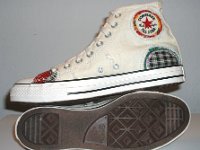 Patchwork High Top and Low Cut Chucks  Inside patch and sole views of a pair of natural white high tops.
