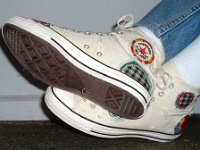Patchwork High Top and Low Cut Chucks  Wearing white patches high tops, sole and side views.