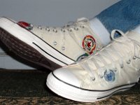 Patchwork High Top and Low Cut Chucks  Wearing white patches high tops, angled side and top views.