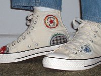 Patchwork High Top and Low Cut Chucks  Wearing white patches high tops, side and angled front views.