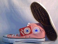 Pink High Top and Low Cut Chucks  Salmon pink high tops, inside patch and sole views.