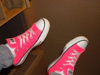 Pink High Top and Low Cut Chucks  Wearing neon pink low cuts.