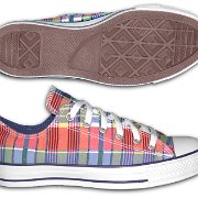 Plaid High Top and Low Cut Chucks  Side and sole views of blue, red, and yellow low cut madras chucks.