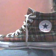 Plaid High Top and Low Cut Chucks  Inside patch view of a right red and green plaid high top chuck.