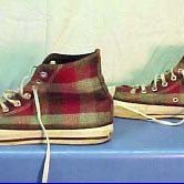 Plaid High Top and Low Cut Chucks  Red, green, and gray woolen plaid high tops, side views.