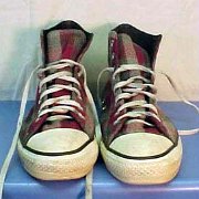 Plaid High Top and Low Cut Chucks  Red, green, and grey woolen plaid high tops, front view.