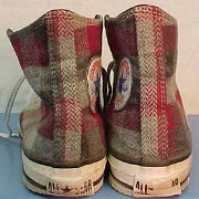 Plaid High Top and Low Cut Chucks  Red, green, and grey woolen high tops, rear view.