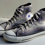 Plaid High Top and Low Cut Chucks  Grey and white woolen plaid high tops, angled side views.